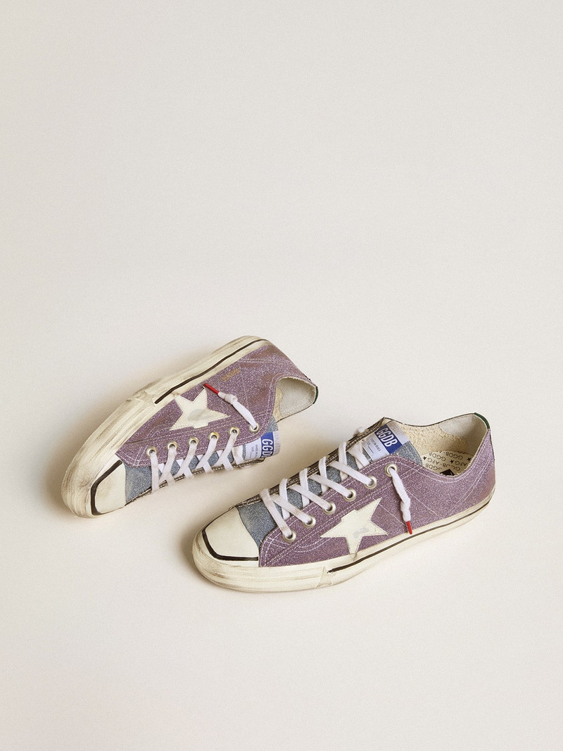 Golden Goose Men’s V-Star LAB in lilac leather and glitter with white star and silver glitter tongue outlook