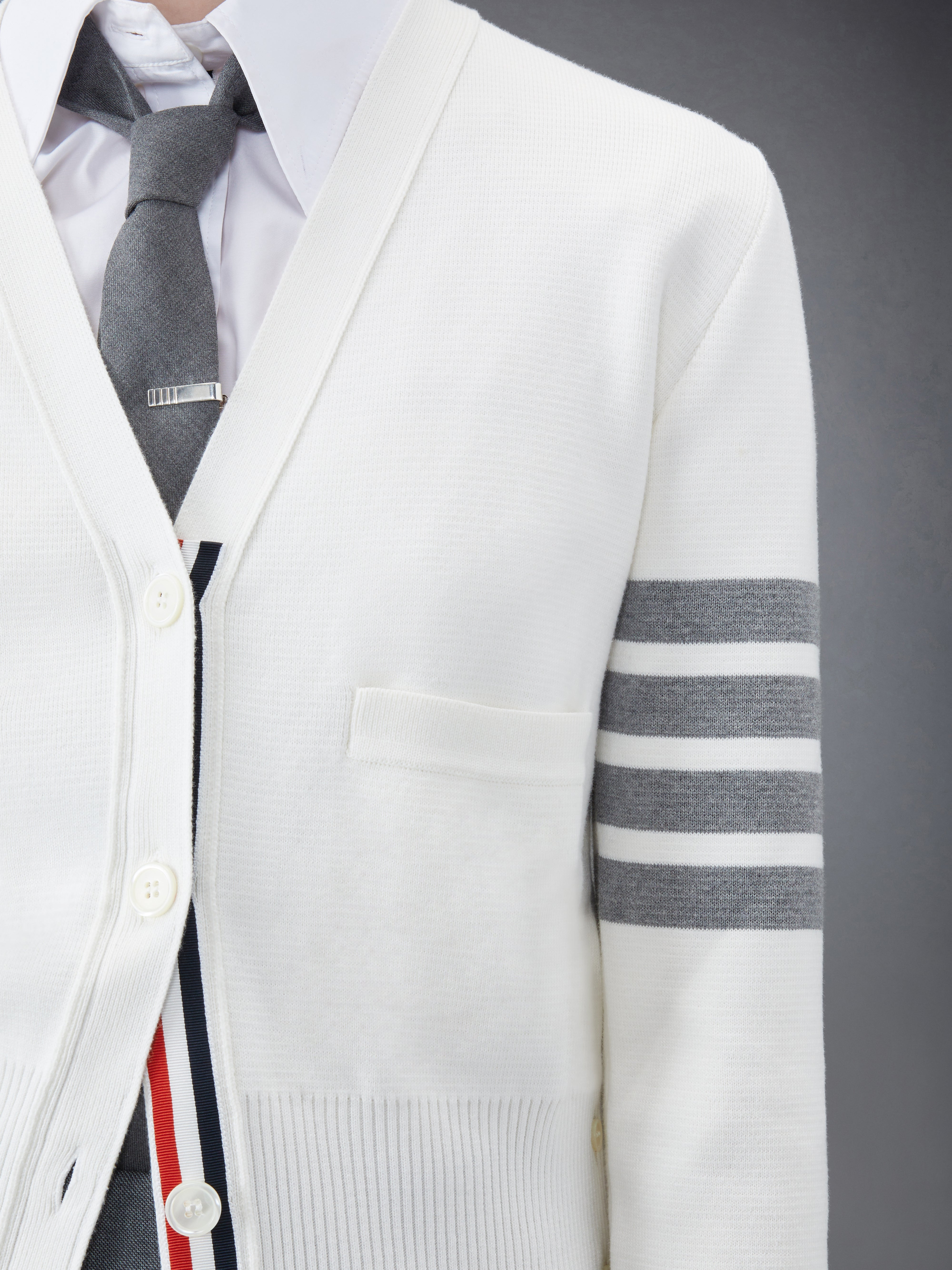 White Cotton Crepe V-Neck 4-Bar Cardigan - 6