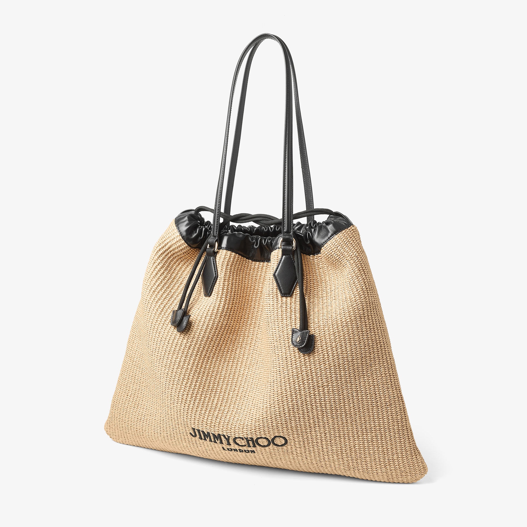 Drawstring Tote L
Natural Soft Raffia Tote with Smooth Calf Leather with Jimmy Choo Logo - 3