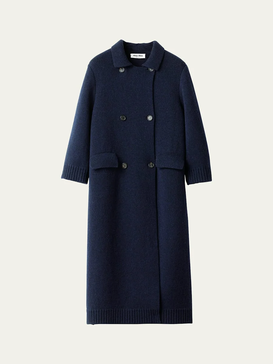3/4-Sleeve Knit Double-Breasted Trench Coat - 1