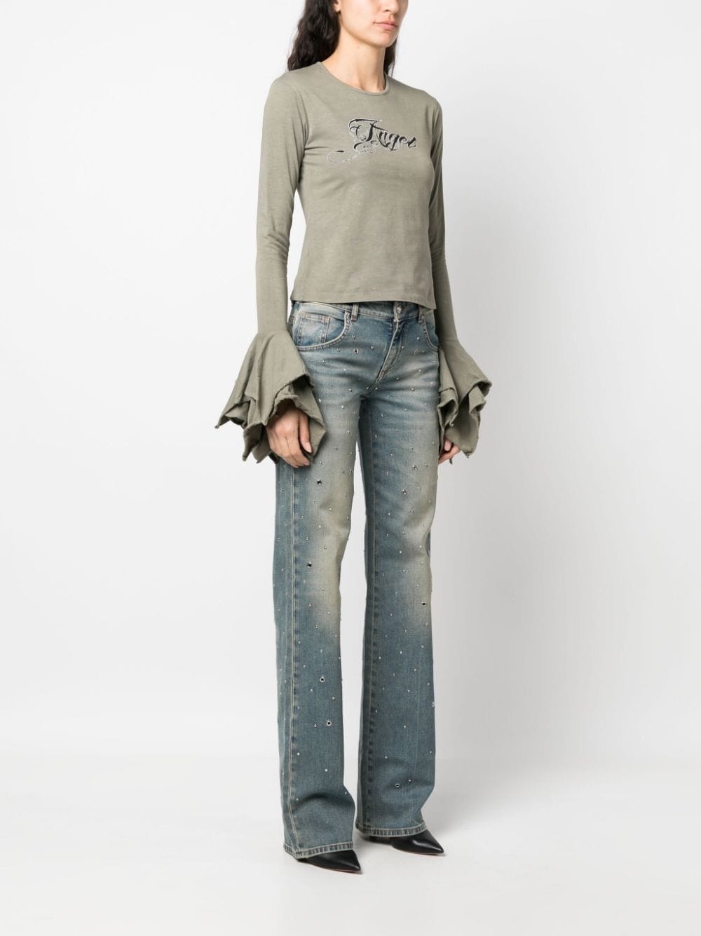 logo-print flared-cuffs cotton top - 3