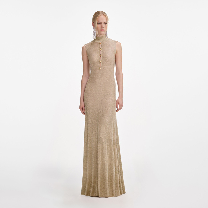 self portrait gold lurex dress self-portrait Knit Maxi - AW25-137X-GD Back Style_Covered Button