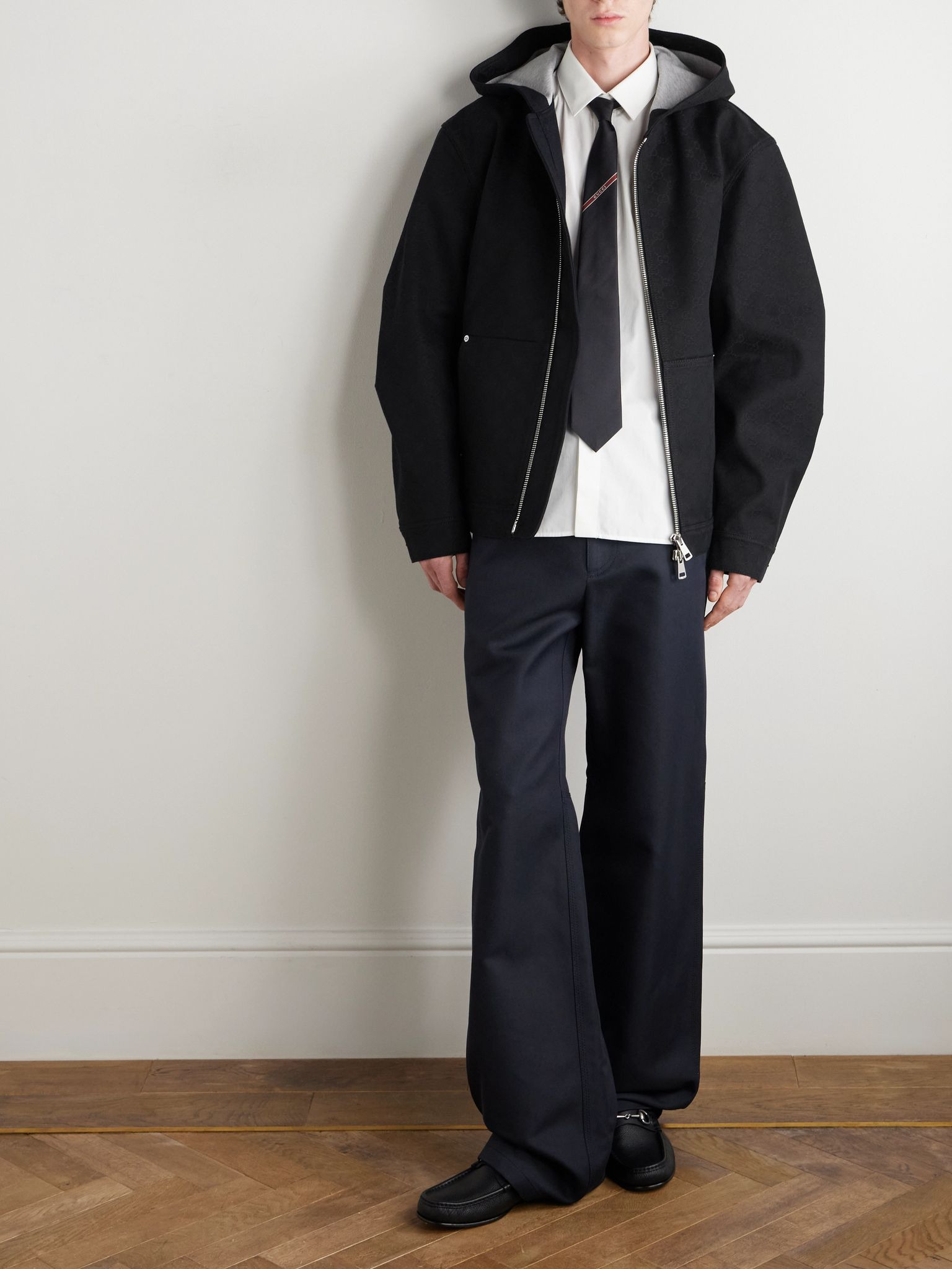 Monogrammed Denim-Jacquard Hooded Jacket Black - 2