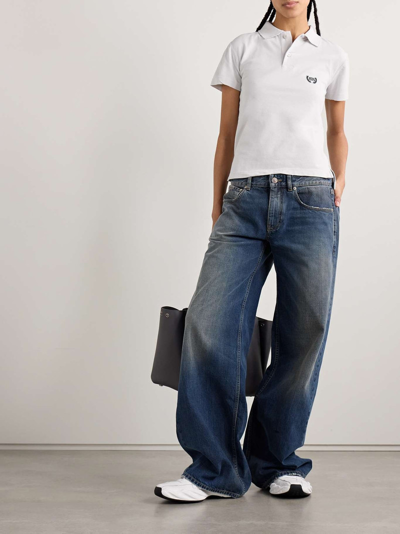 BALENCIAGA Distressed embroidered cotton-piqué polo shirt Off-white outlook