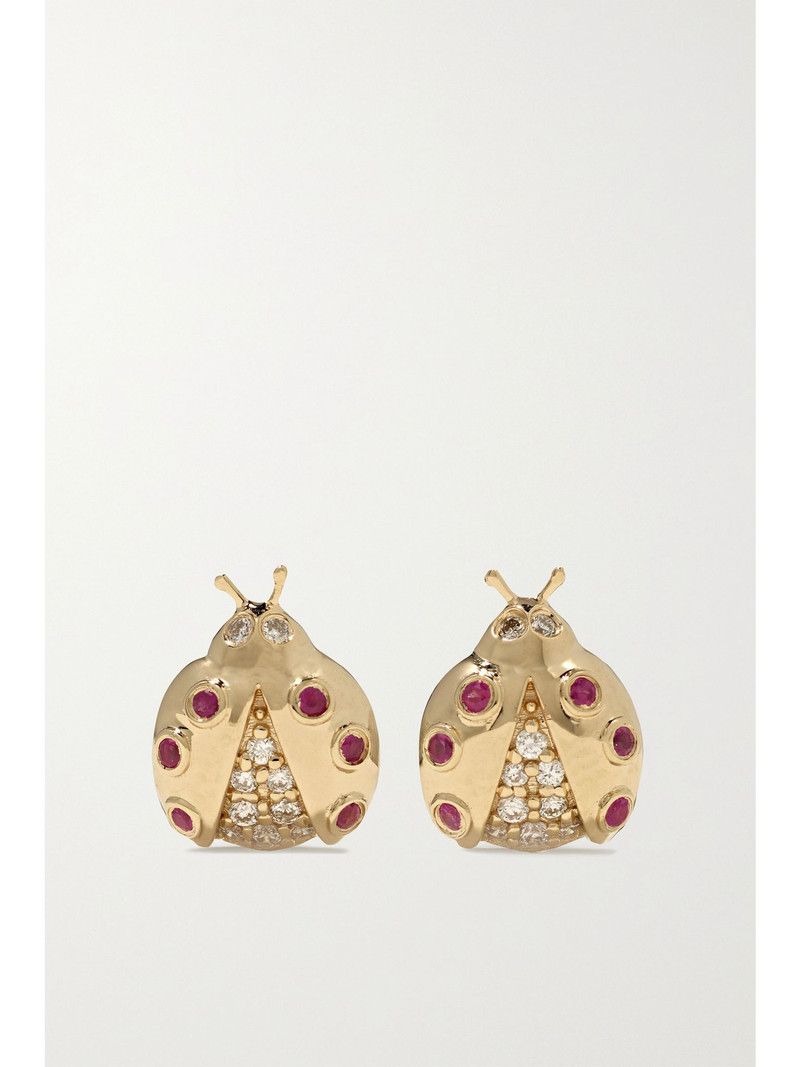 Small Ladybug 14-karat gold, ruby and diamond earrings Gold 1