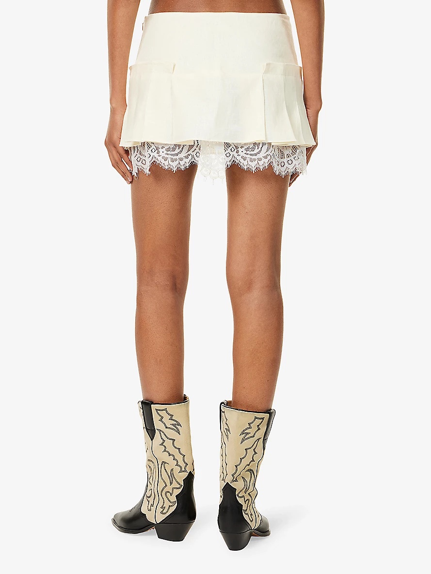 Kleines Lace-Trim Pleated Linen Mini Skirt - 4