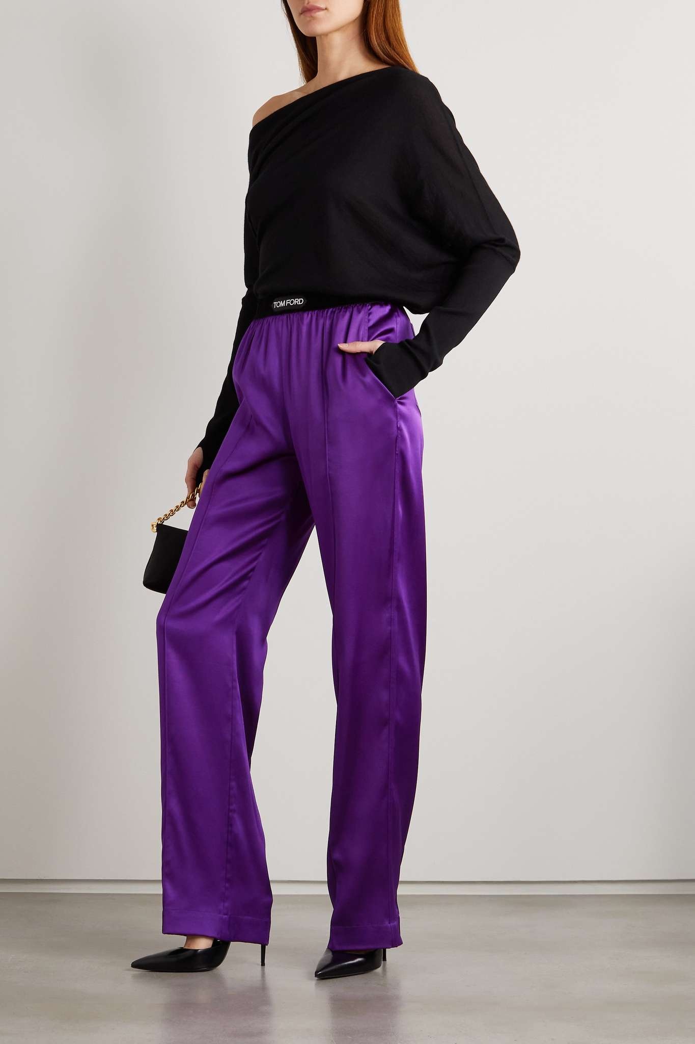 Velvet-trimmed stretch-silk satin pants - 2