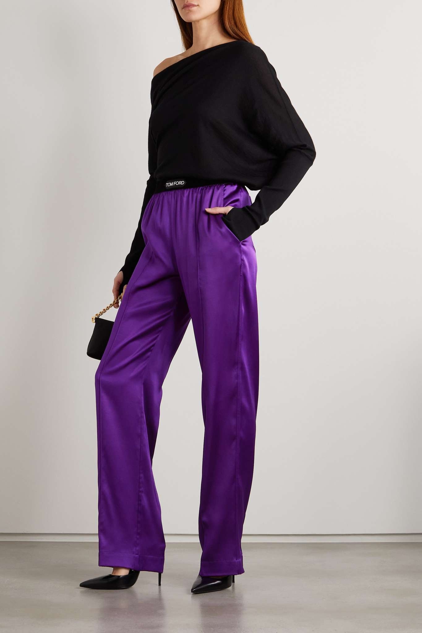 パンツ TOM FORD STRETCH SILK SATIN PANTS TOM FORD Jacquard-trimmed stretch-silk satin wide-leg pants