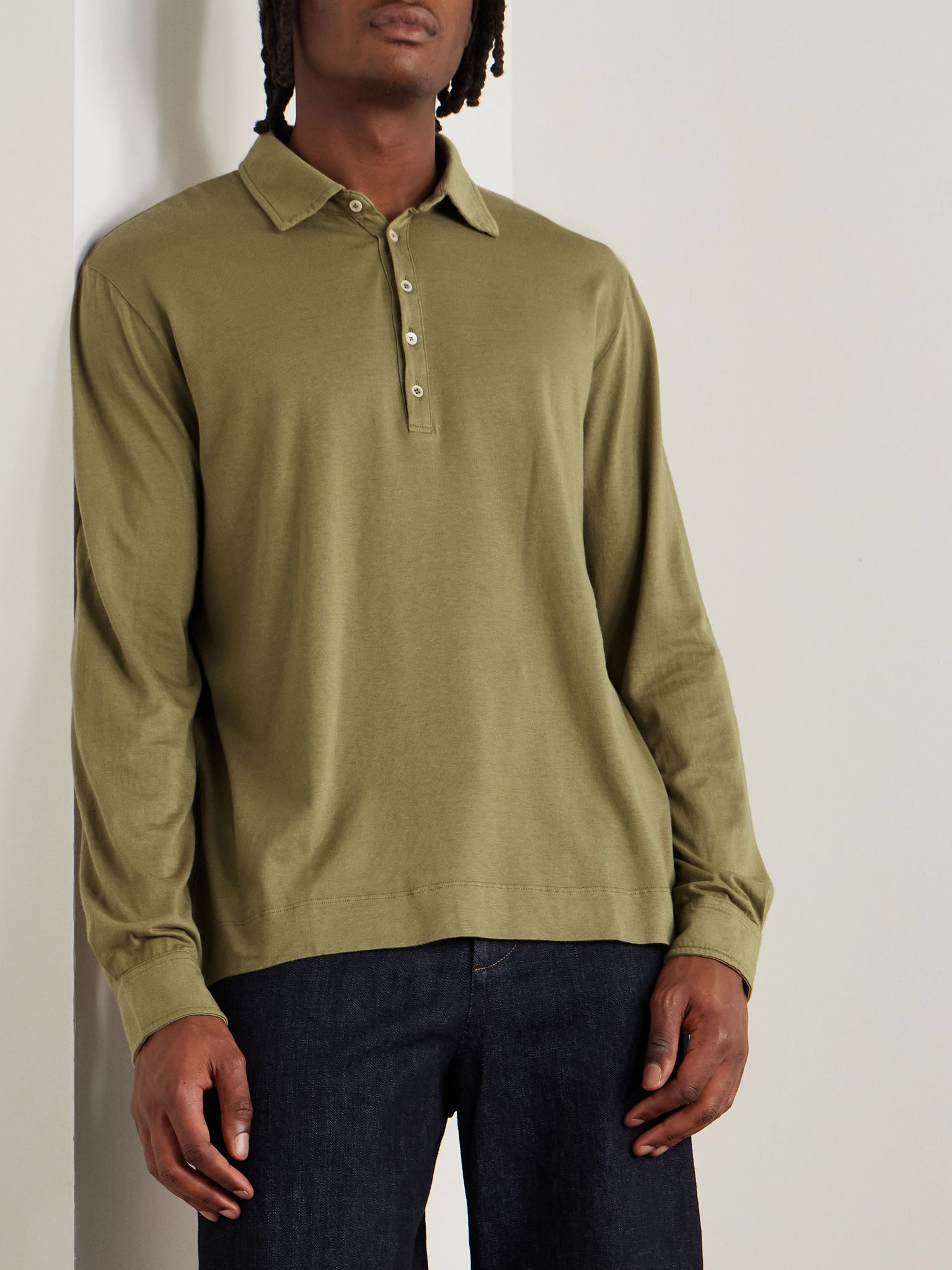 Ischia Cotton and Cashmere-Blend Jersey Polo Shirt Green - 3