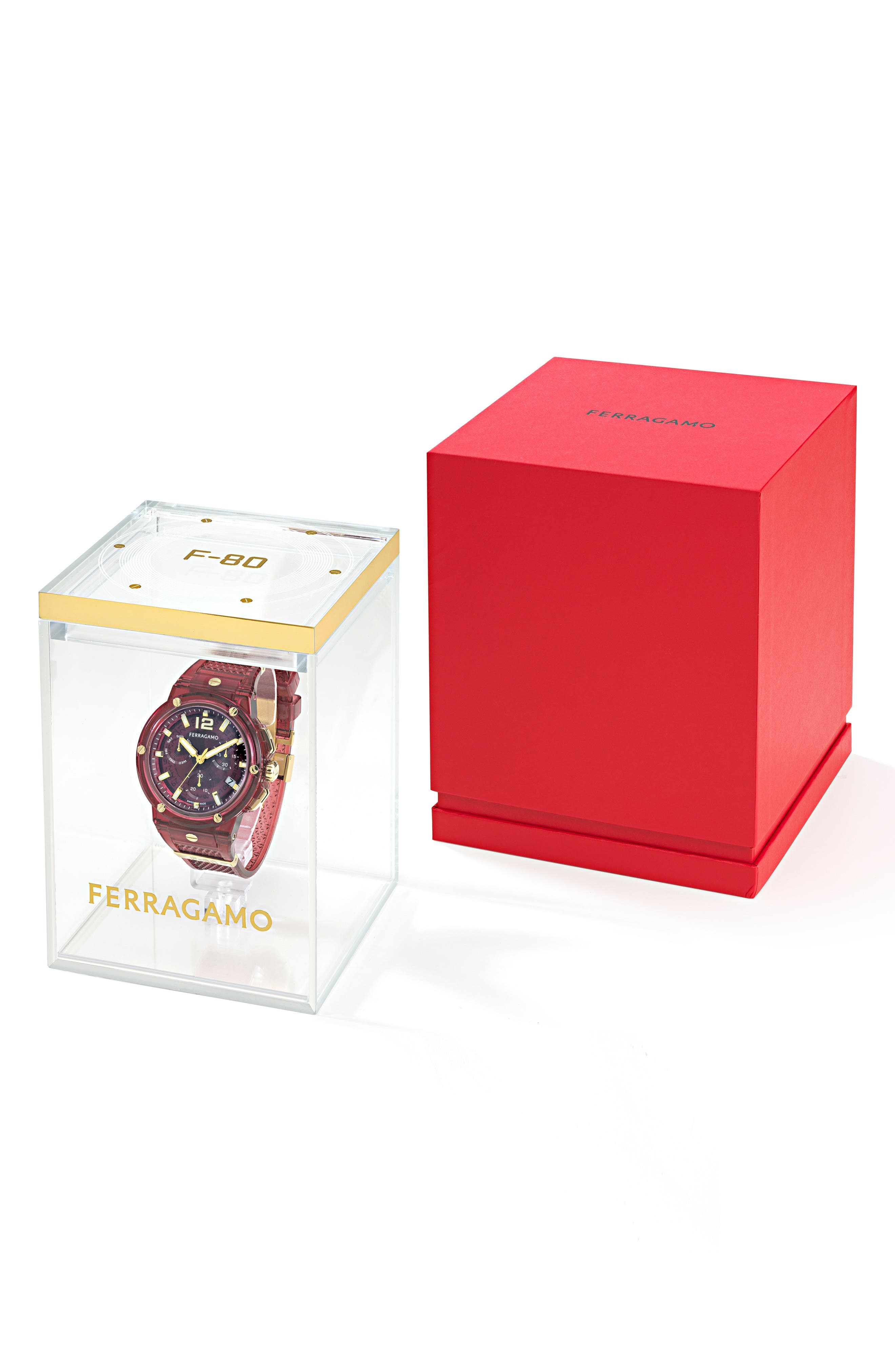 FERRAGAMO F-80 Translucent Chronograph Recycled Polyurthane Strap Watch, 44mm in Burgundy at Nordstr - 5