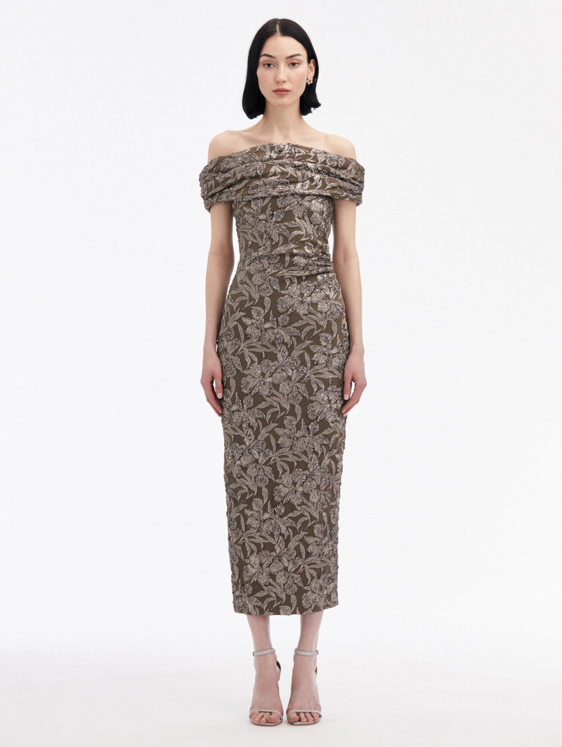 METALLIC ORCHID JACQUARD COCKTAIL DRESS - 1
