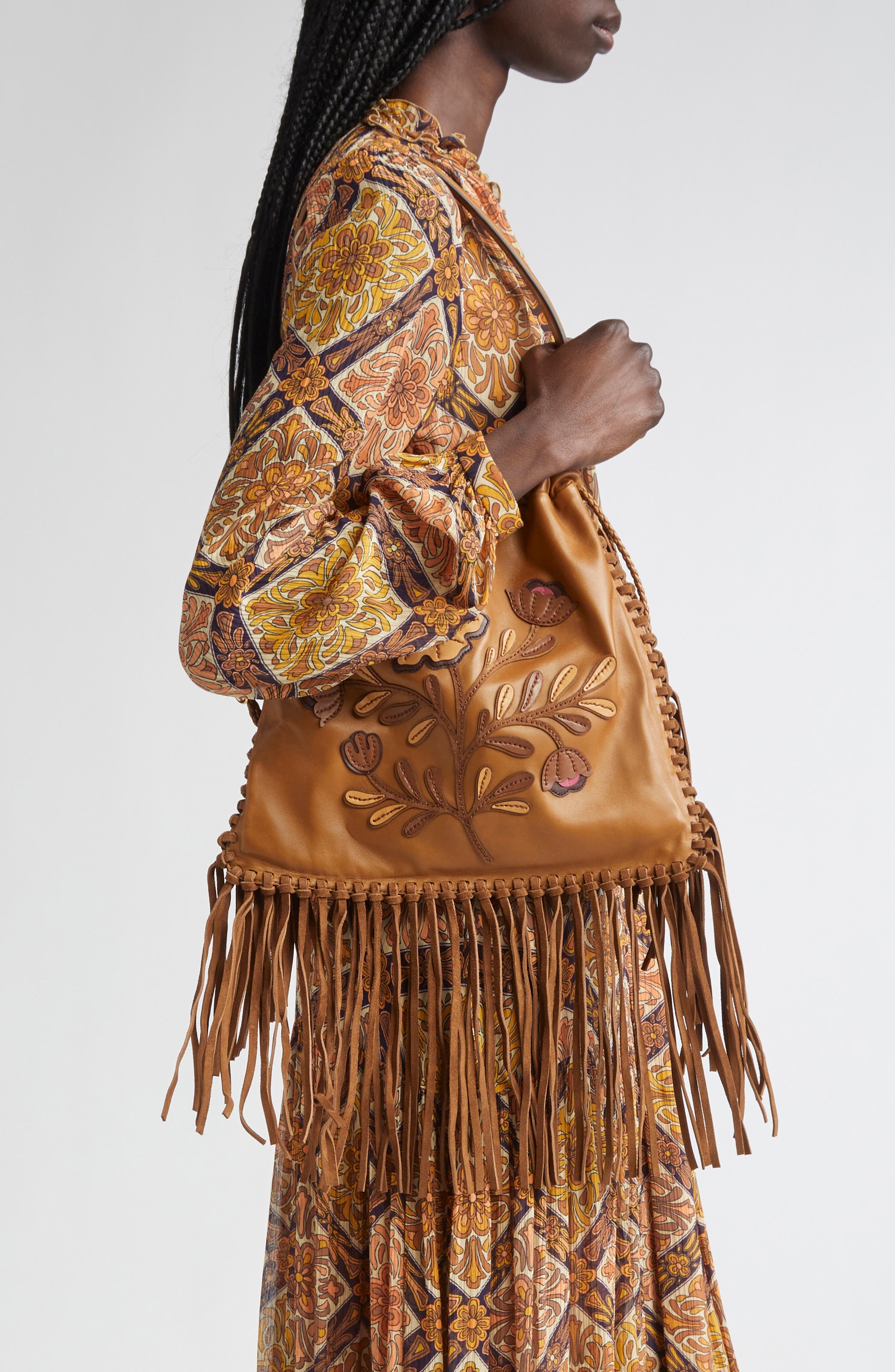 Etro Kalispera Embroidered Fringe Leather Shoulder Bag in M0180 Dark Brown at Nordstrom - 2