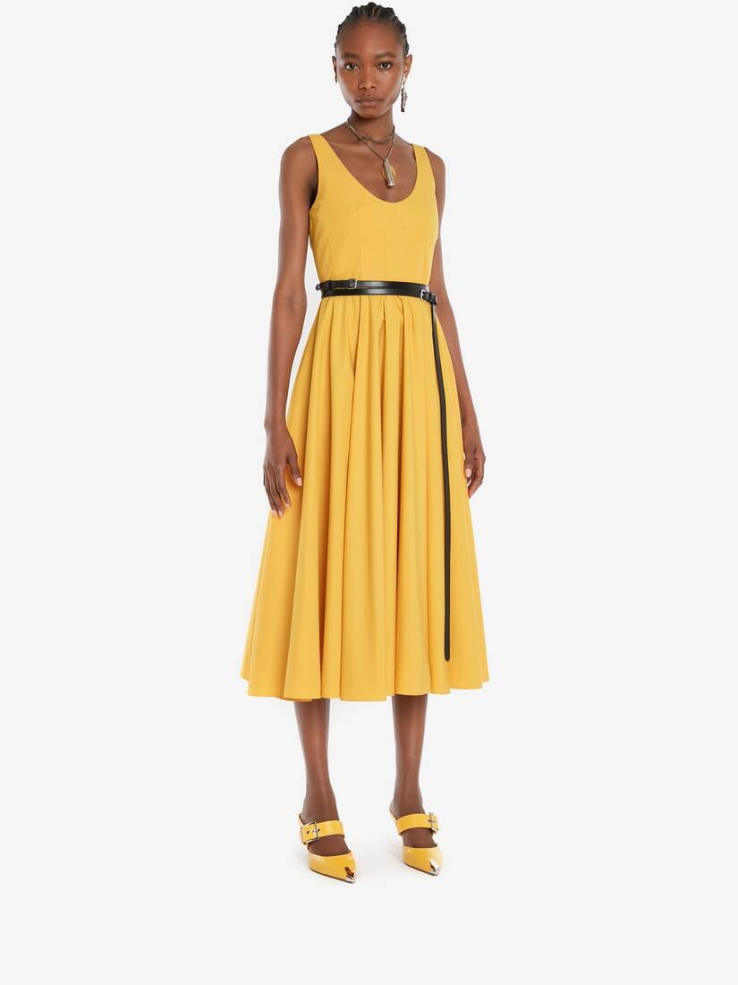 Cotton Poplin Scoop Neck Midi Dress in Pop Yellow - 3