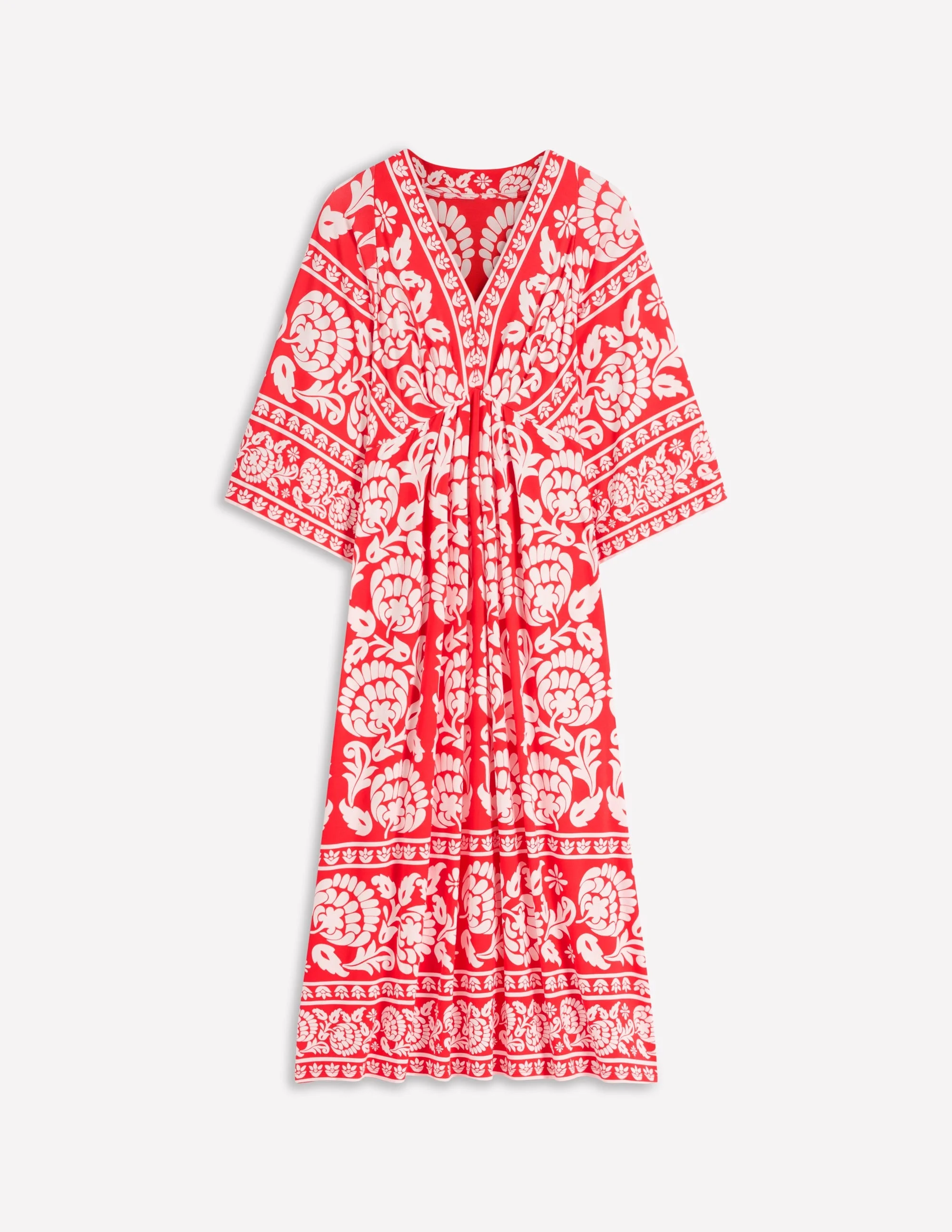 Nell Kimono Midi Jersey Dress-Bright Cherry, Ornate Floret - 1
