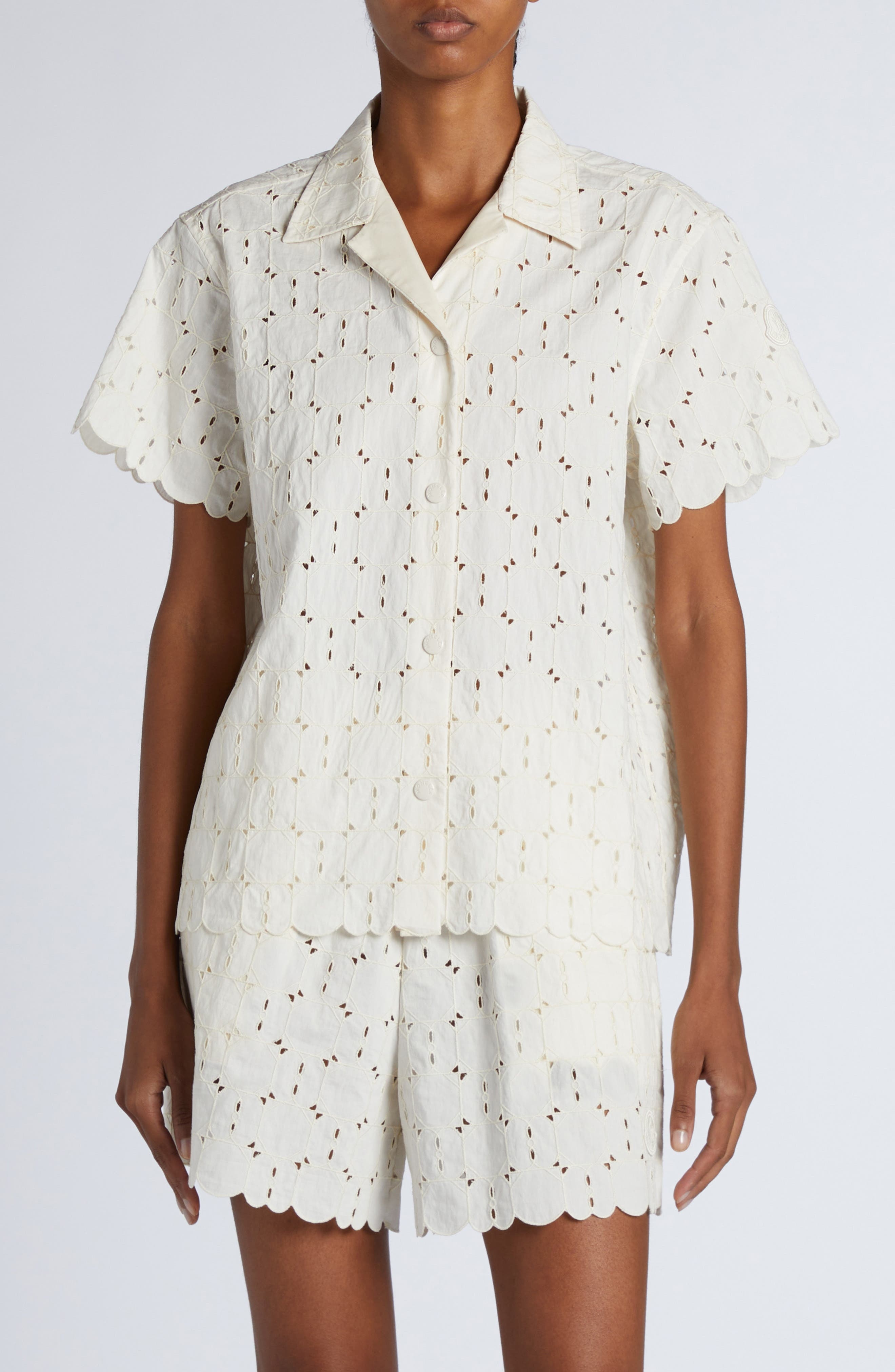 Moncler Cotton Blend Eyelet Button-Up Shirt in White at Nordstrom - 1