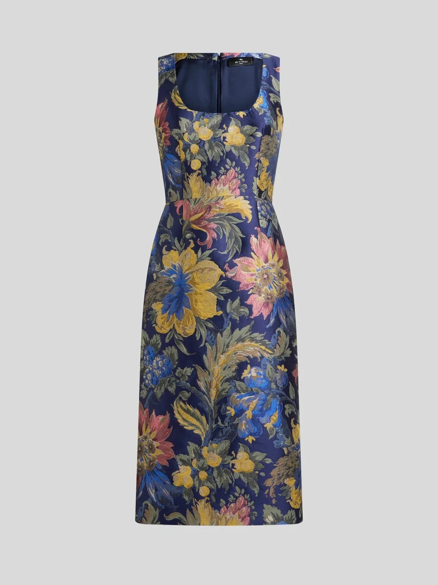 COTTON-BLEND JACQUARD MIDI DRESS WITH FLORAL MOTIF - 1