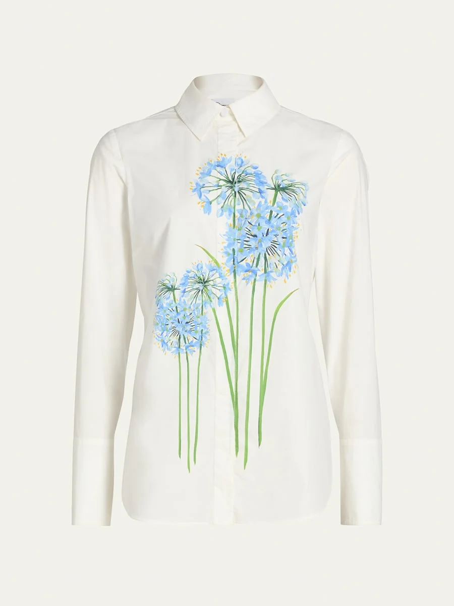 Allium-Print Cotton Stretch Button-Down Shirt - 1