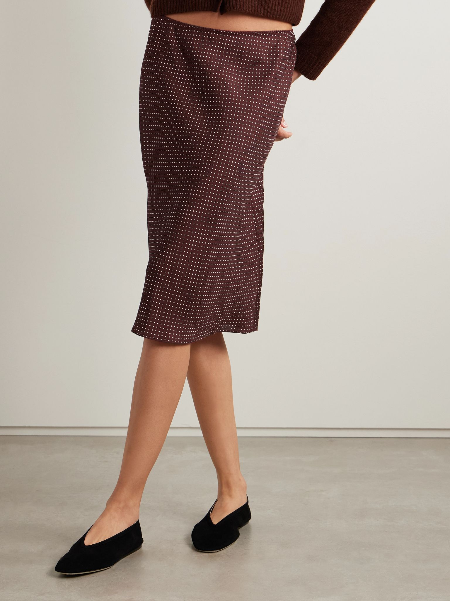 Elowette polka-dot silk-blend twill midi skirt Burgundy - 3