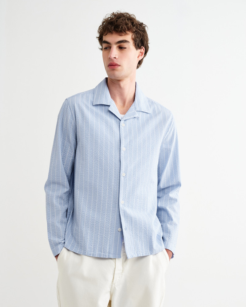 Wax London Corey - Blue And Ecru Seersucker-Cotton Stripe Shirt outlook