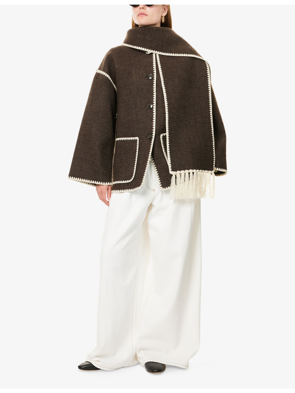 Embroidered-Trim Scarf Wool-Blend Jacket - 2