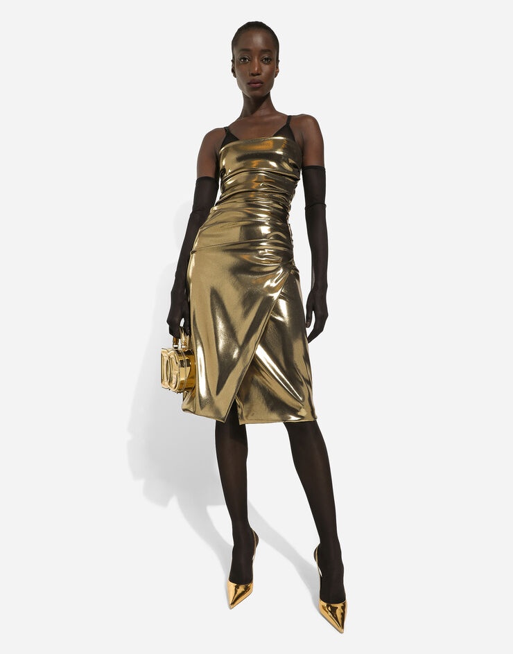 Foiled satin strapless calf-length dress - 6