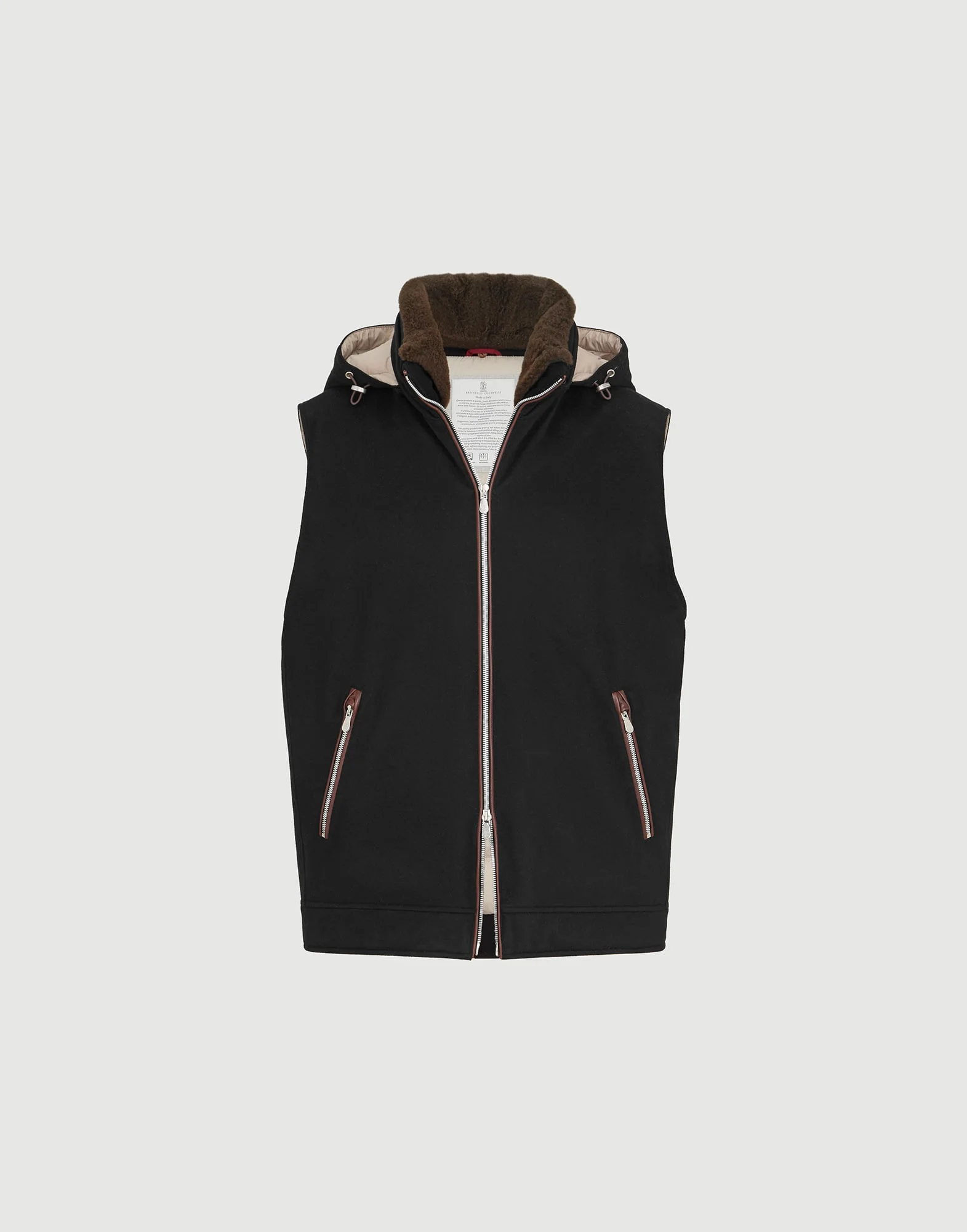 Bonded wool flannel hooded down vest with detachable shearling insert - 1