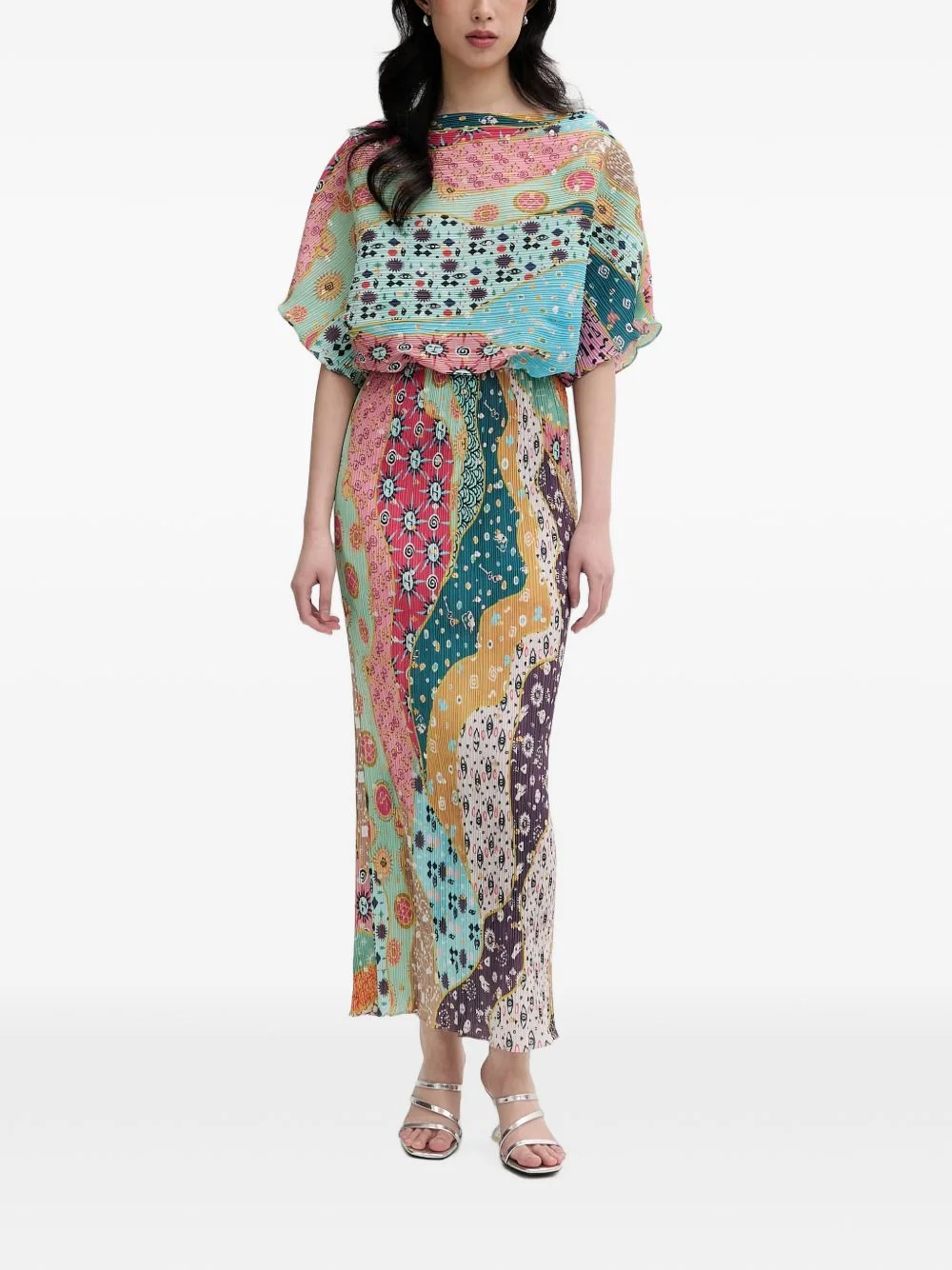 plissé patchwork-print midi dress - 1