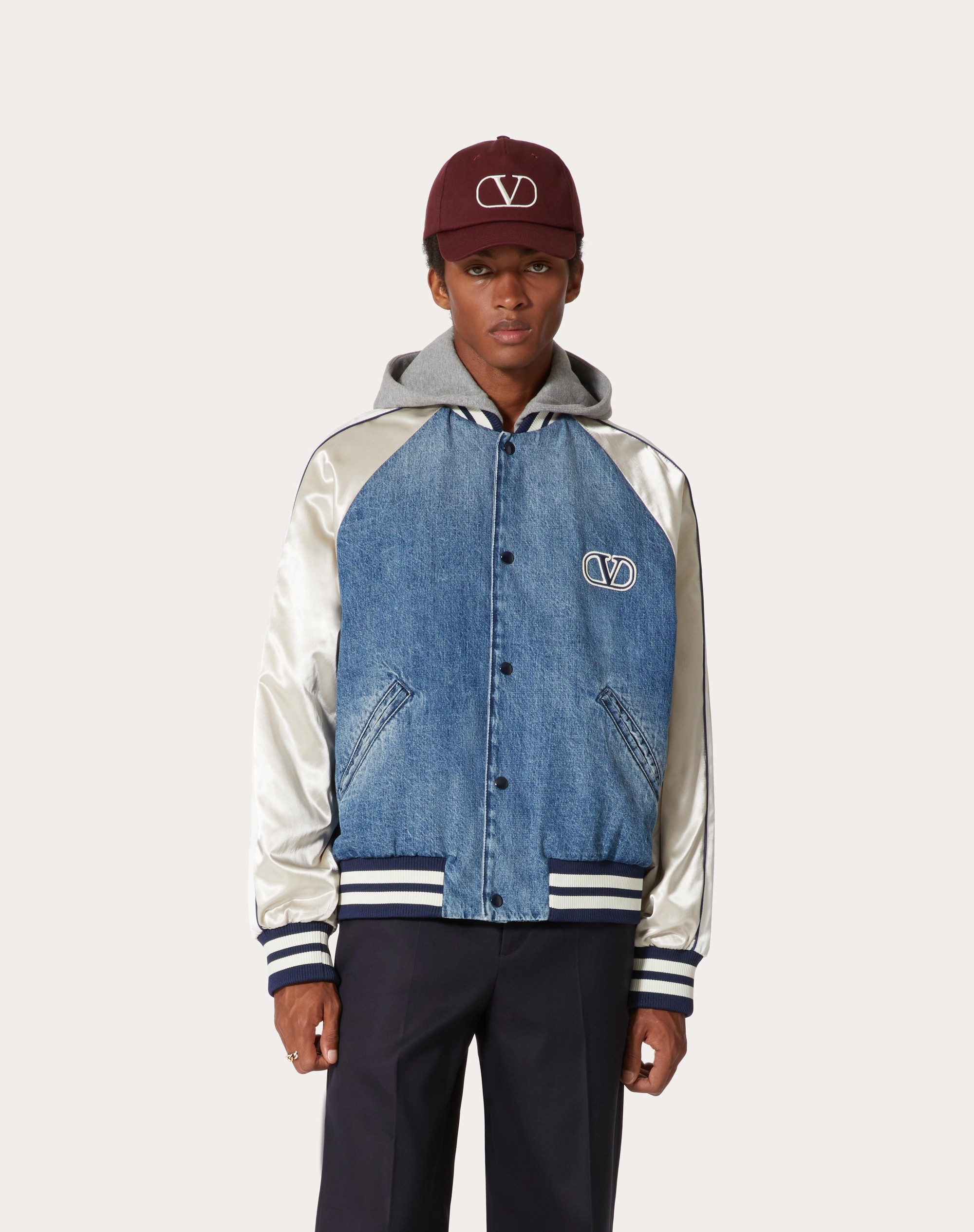 DENIM BOMBER JACKET WITH SATIN SLEEVES AND VLOGO SIGNATURE PATCH - 3