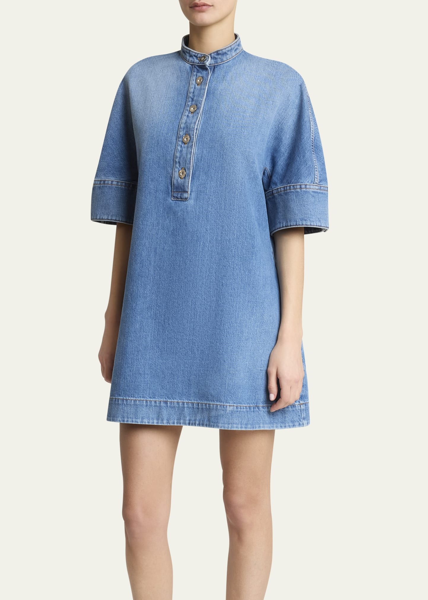 Short-Sleeve Denim A-Line Mini Dress - 4