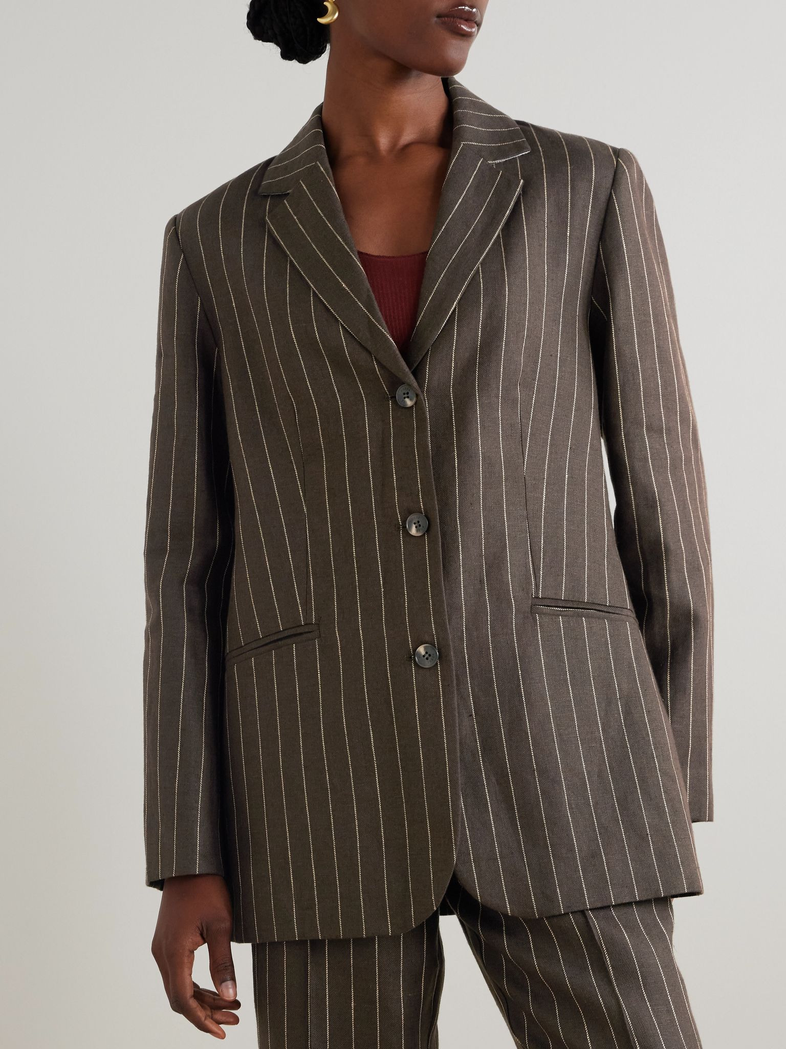 Leon pinstriped linen-twill blazer Dark brown - 3
