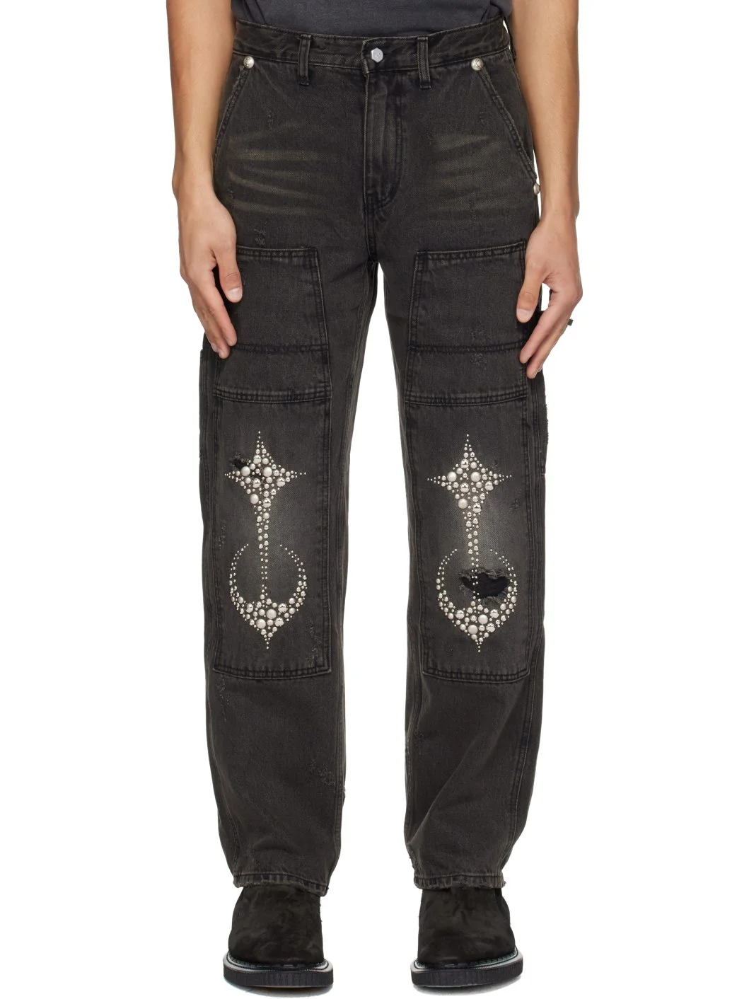 Black Studded Knee Carpenter Jeans - 1
