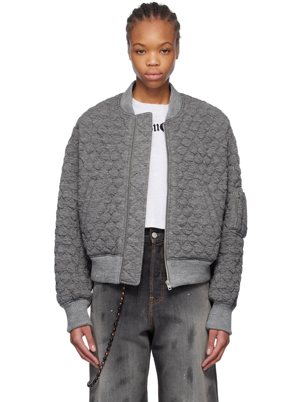 Gray Quilted Bomber Jacket - 1