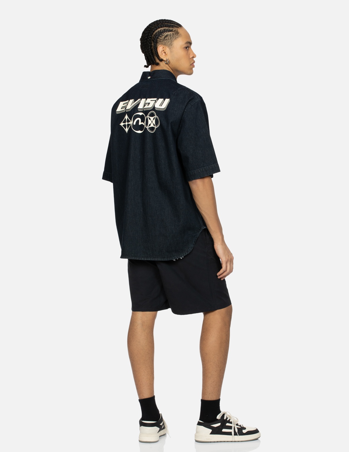 KAMON AND LOGO PRINT OVERSIZED DENIM SHORT-SLEEVES SHIRT - 3