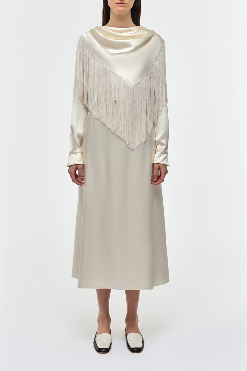 GABRIELA HEARST Rouge Fringe Scarf Dress in Ivory Silk Satin outlook