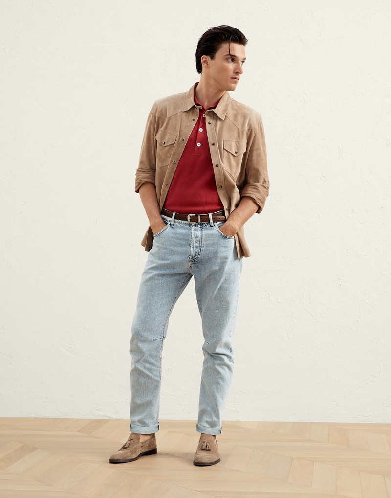 Brunello Cucinelli Aged denim leisure fit five-pocket trousers outlook