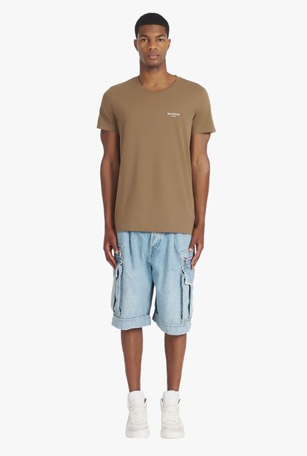 Taupe eco-designed cotton T-shirt with small flocked white Balmain Paris logo - 4
