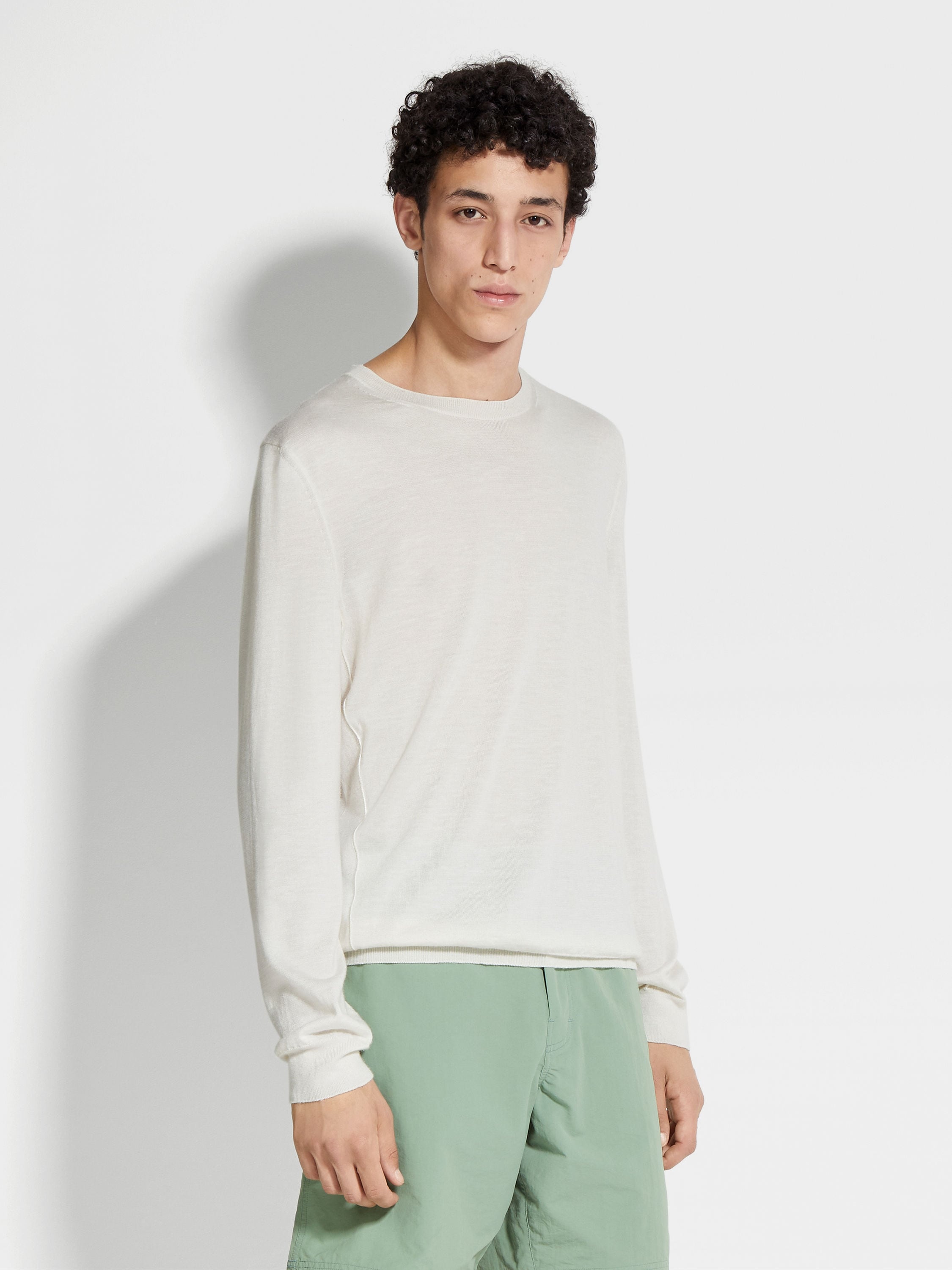 WHITE MÉLANGE SILK CASHMERE AND LINEN CREWNECK - 4