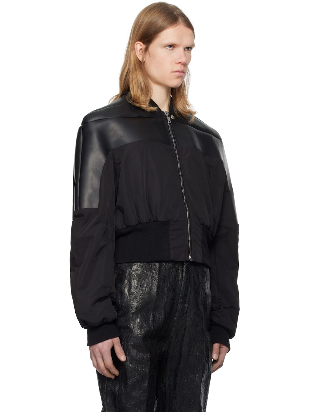 Black Hollywood Girdered Leather Bomber Jacket - 2