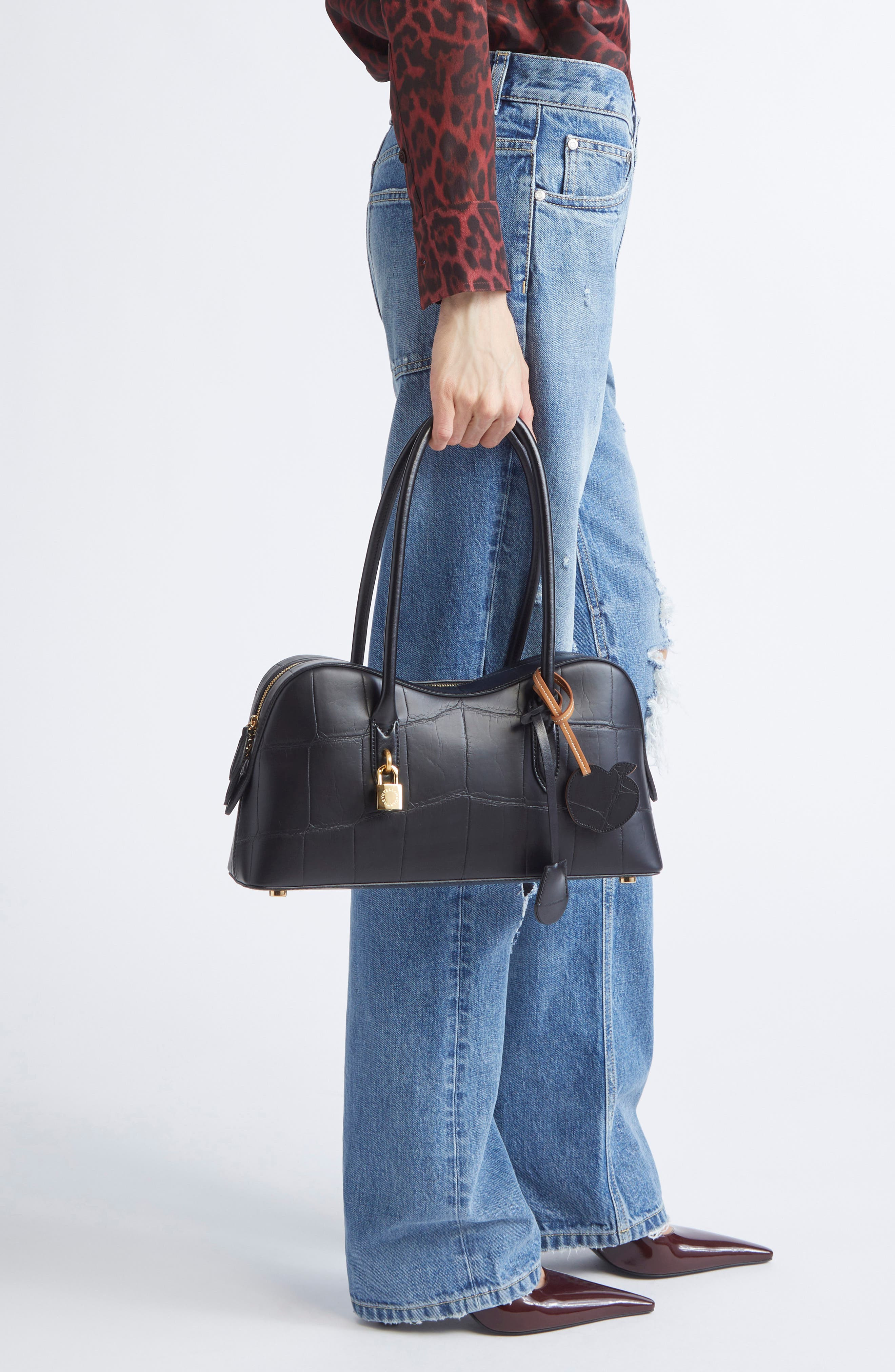 Stella McCartney Ryder Croc Embossed Faux Leather Shoulder Bag in Black at Nordstrom - 3