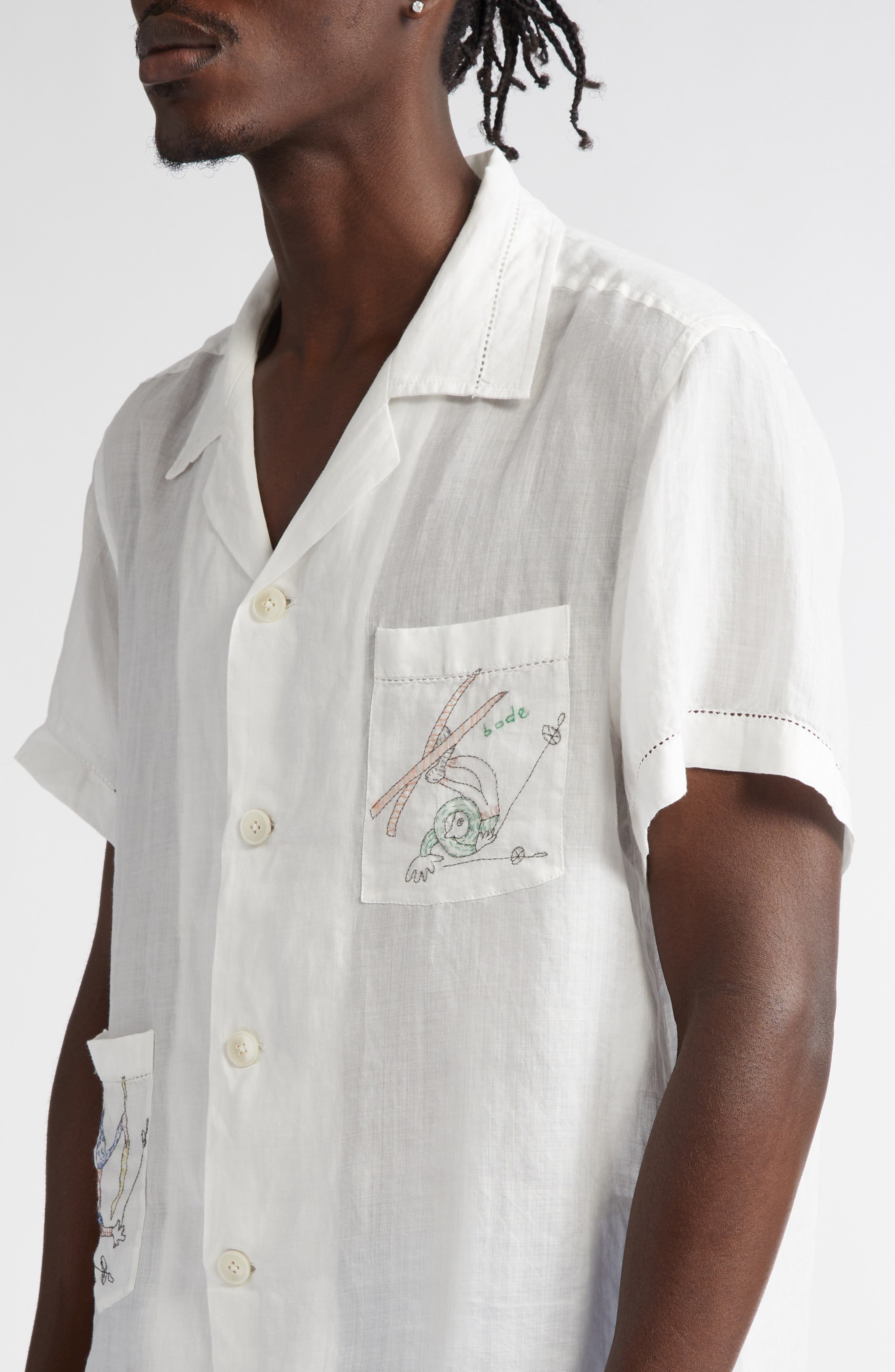Bode Skiers Embroidered Linen Camp Shirt in White Multi at Nordstrom - 4