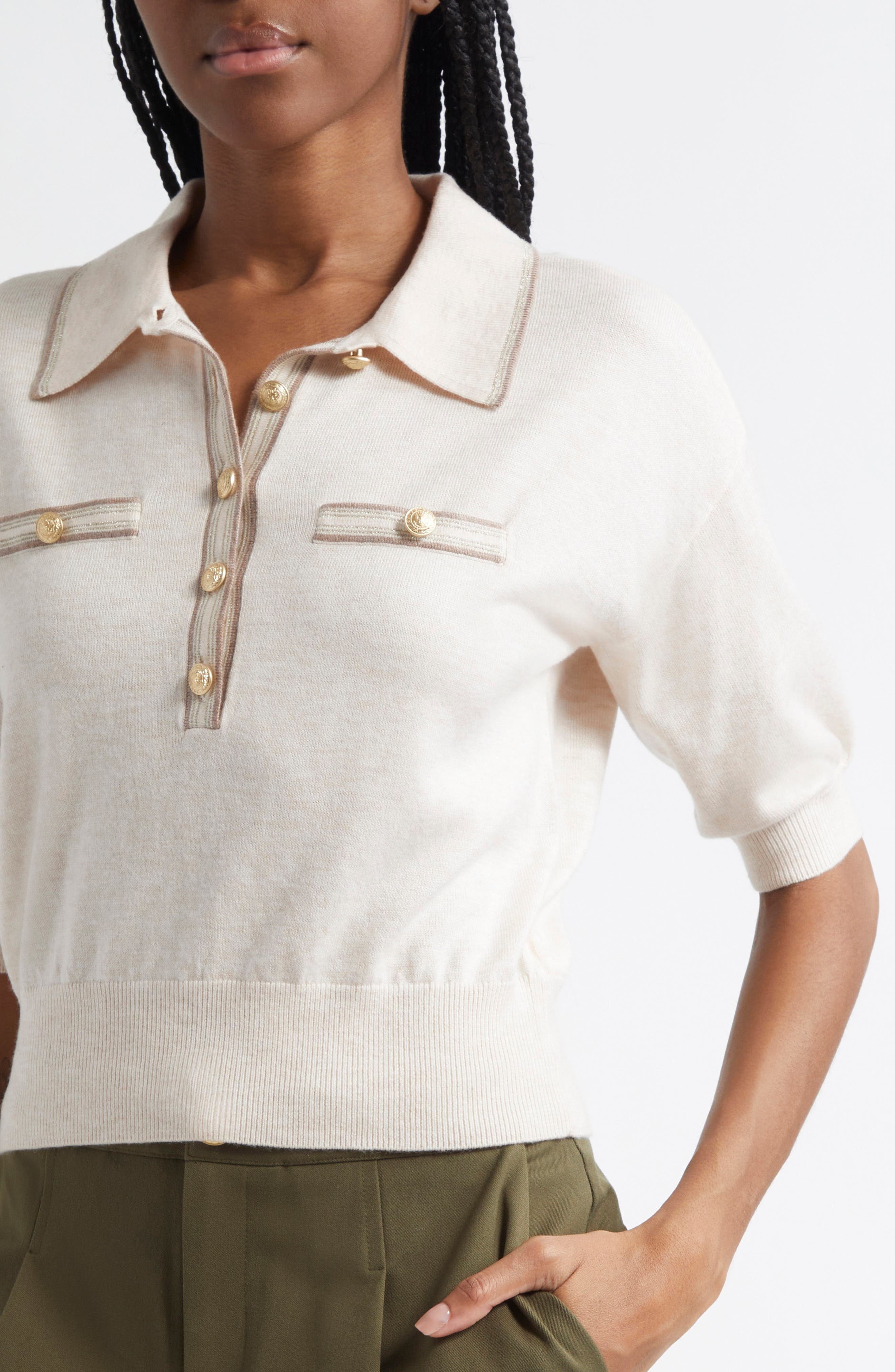 L'AGENCE Masaki Polo Sweater in Parchment/Cappuccino Gold at Nordstrom - 4