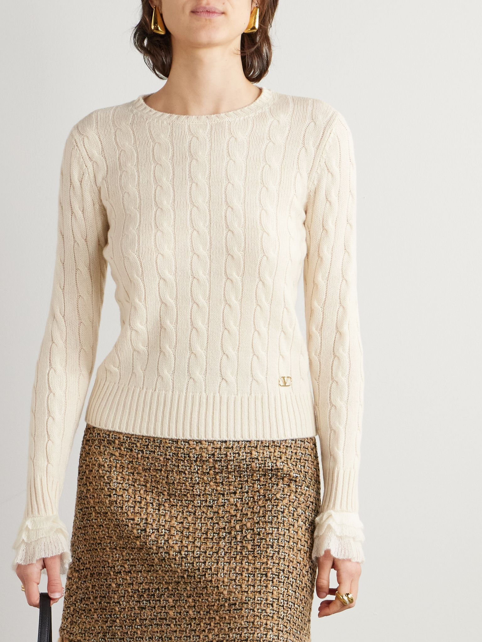 Ruffle-trimmed embellished cable-knit cashmere sweater Ivory - 3