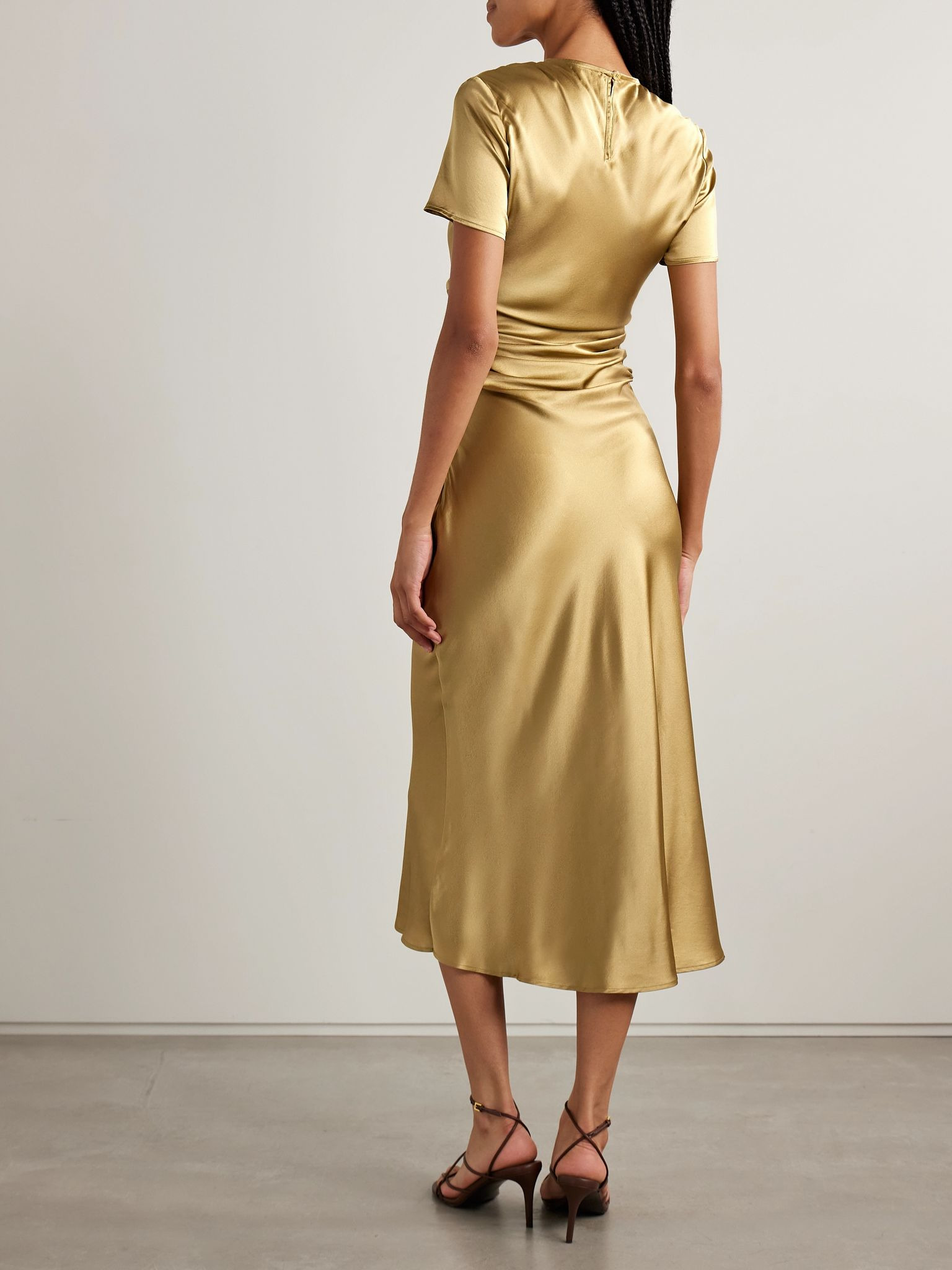Marcel ruched stretch-silk charmeuse midi dress Gold - 3