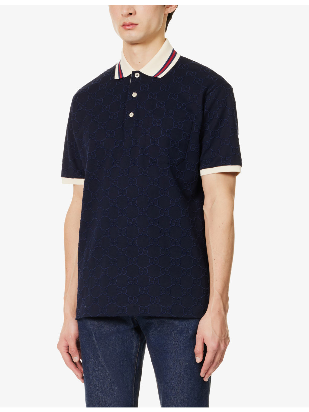 Monogram-pattern striped-trim stretch-cotton polo shirt - 3