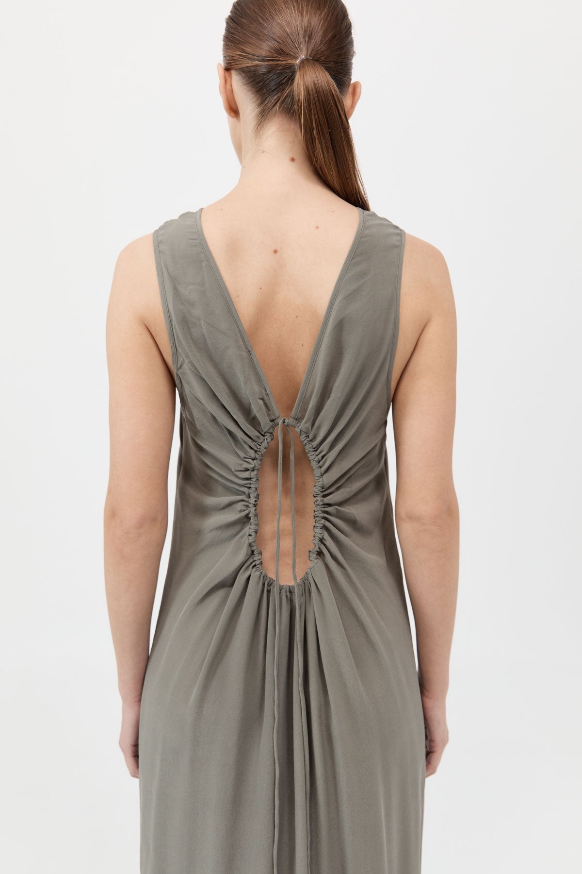 Drawstring Silk Dress - Smokey Olive - 5