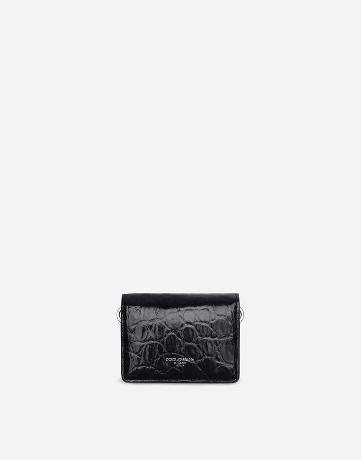 Shiny crocodile flank leather wallet with strap and heat-stamped logo - 1