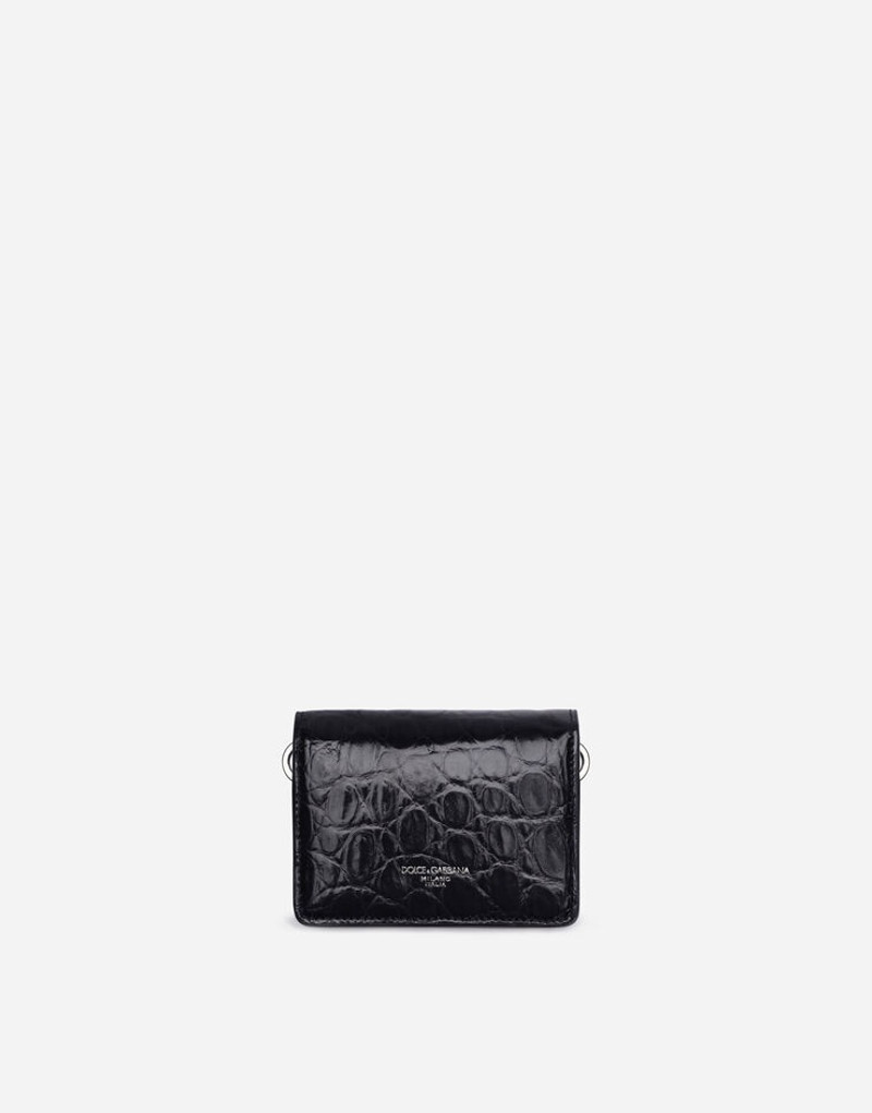 Shiny crocodile flank leather wallet with strap and heat-stamped logo 1