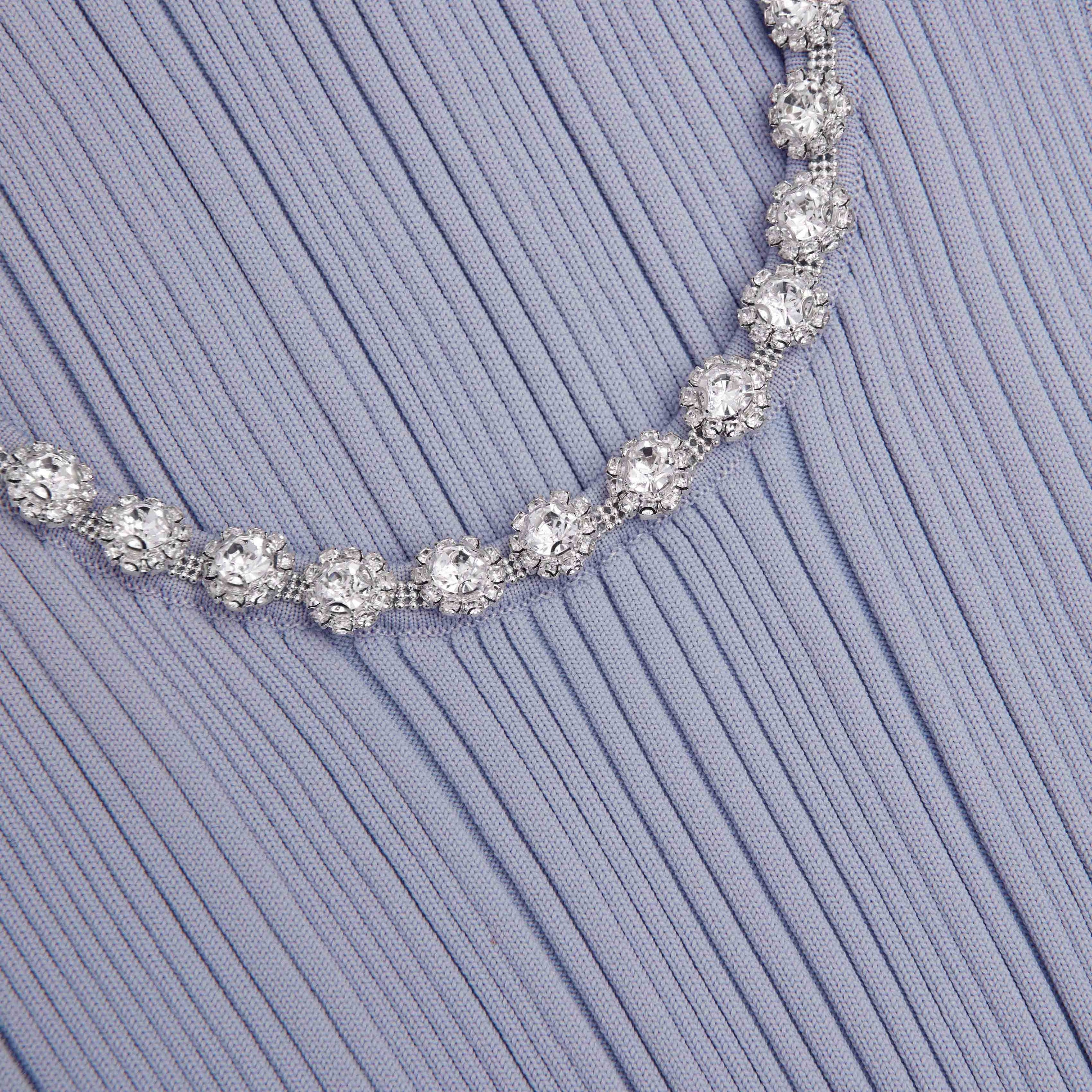 Blue Ribbed Knit Diamante Midi Dress - 5