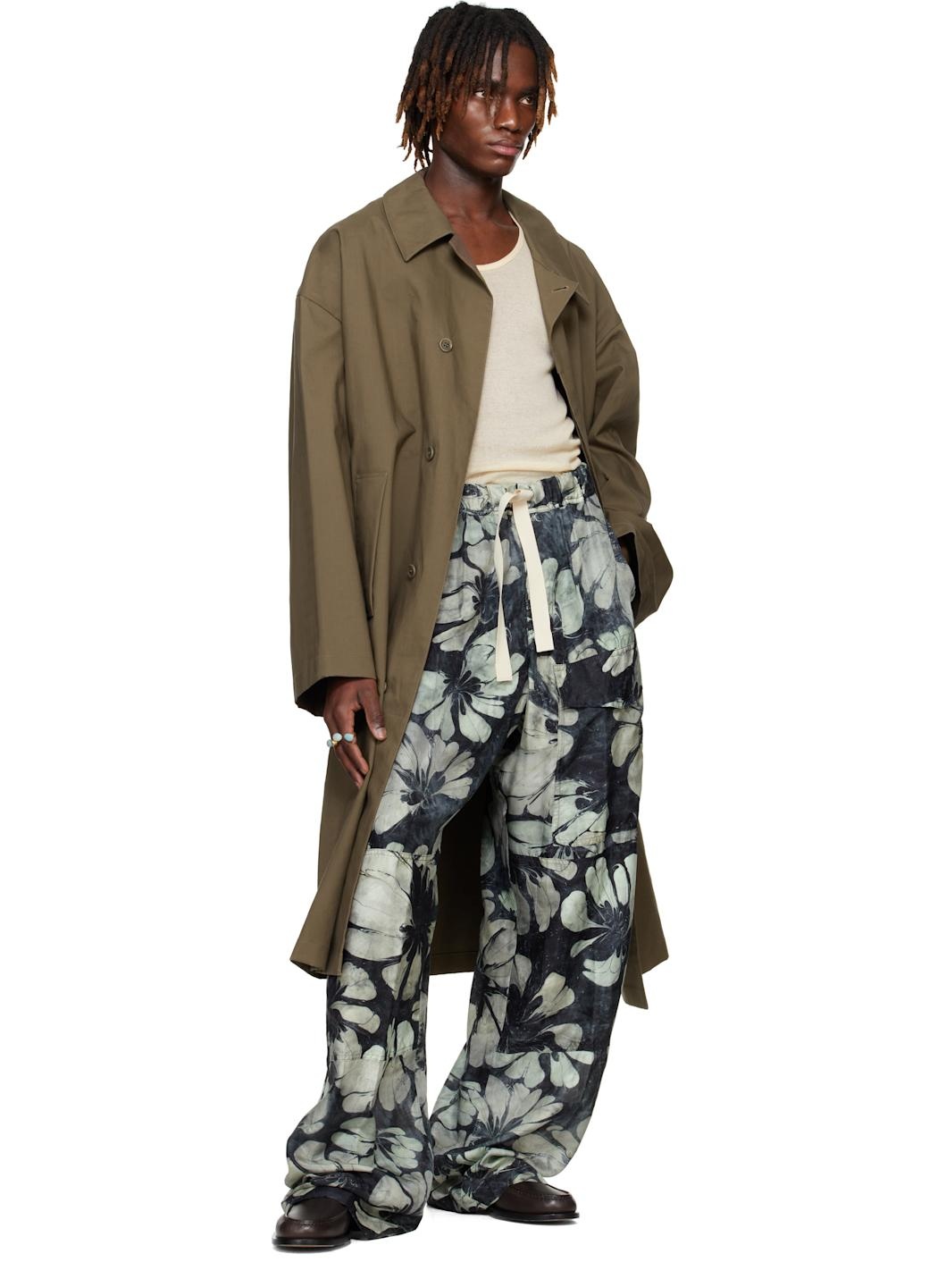 Navy & Green Silk Drawstring Cargo Pants - 4
