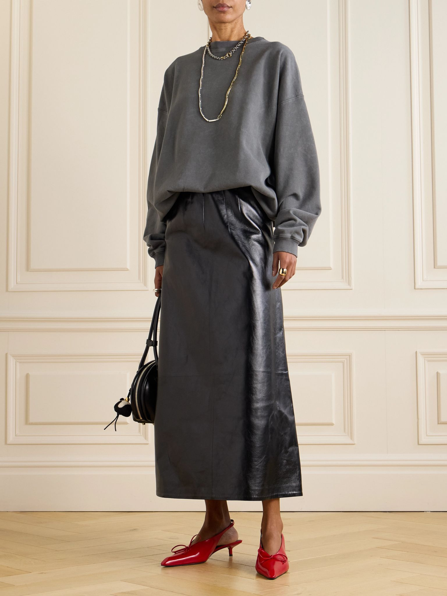 Paneled crinkled-leather midi skirt Black - 2